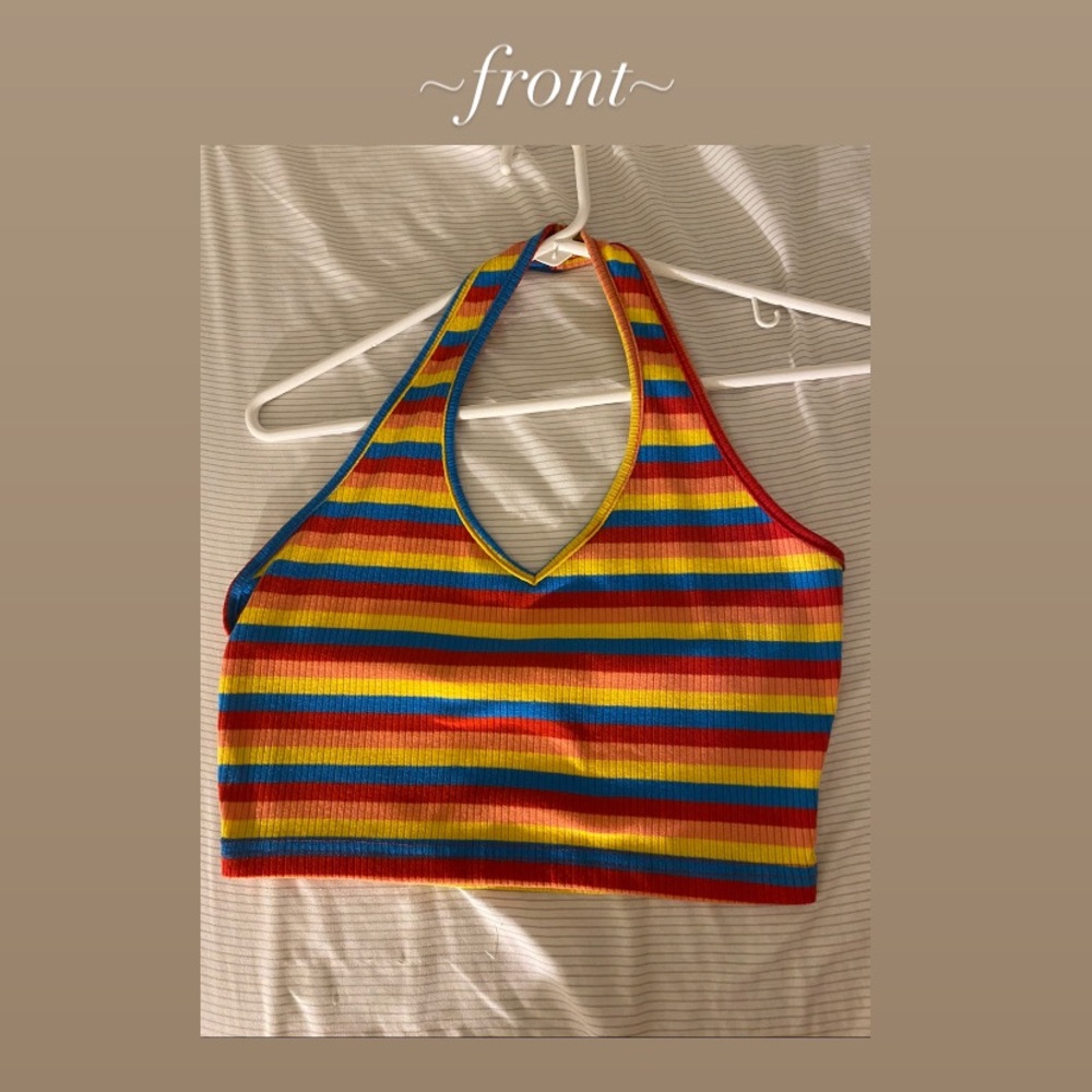 SHEIN Rainbow Striped Rib-knit Halter Top SIZE:XS